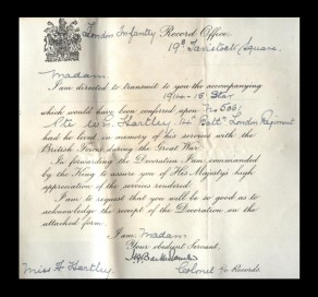 Letter accompanying the 1914-15 Star awarded to Private William Geoffrey Hartley