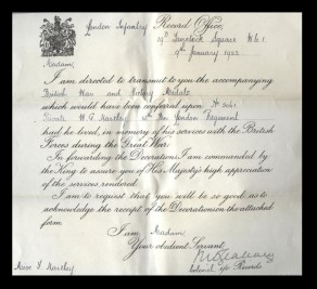 Letter accompanying the British War and Victory Medals awarded to Private William Geoffrey Hartley