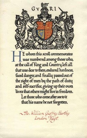 Memorial Scroll accompanying the next of kin Memorial Plaque for Private William Geoffrey Hartley