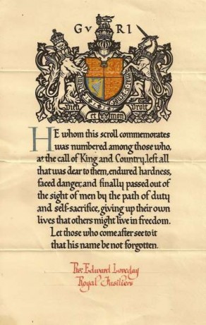 Memorial Scroll accompanying the next of kin Memorial Plaque for Private Edward Loveday