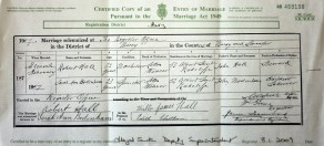 Marriage Certificate: Sarah Ann Bodenham to Robert Hall at The Register Office, Bury, Lancashire, 11 February 1907