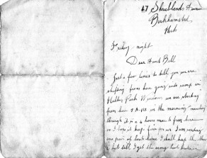 Page 1 of the letter written by Private Robert Blezard in October 1914 to his aunt Isabella Baines, née Blezard