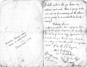 Page 2 of the letter written by Private Robert Blezard in October 1914 to his aunt Isabella Baines, née Blezard