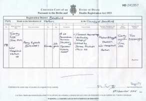 Death Certificate for Amy Kynoch Butchart