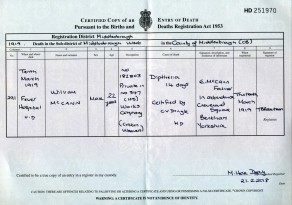 Death Certificate for Private William McCann