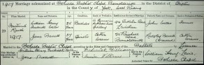 Marriage Certificate: William Henry Frederick Weller to Jane Barrett at Bethesda Baptist Chapel, Barnoldswick, Yorkshire, 14 March 1917