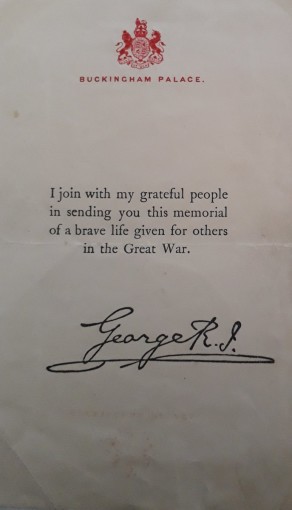 Bestowal document with King's message accompanying the next of kin Memorial Plaque for Private Fred Hitchen, the brother of Private George Hitchen