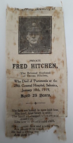 Silk Bookmark in memory of Private Fred Hitchen, the brother of Private George Hitchen