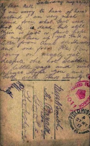 Back of the postcard sent to Ellen (Nell) Smith, cousin of Nora Smith, the wife of Joseph Alfred Smith