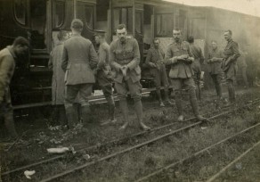 A meal break on the railway journey to the front in France
