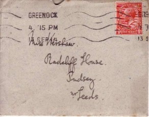 Envelope that contained the following letter from Captain Christopher W. Brown to Miss Ethel Kershaw