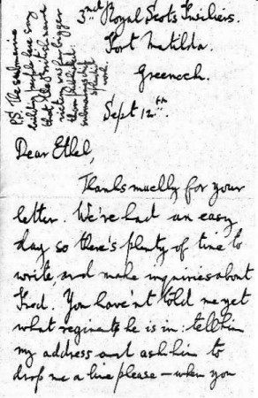 Page 1 of the letter written 12 September 1914 to Miss Ethel Kershaw