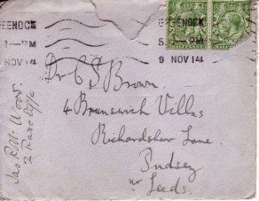 Envelope that contained the following letter from Captain Christopher W. Brown to his brother, Dr. Charles Suffield Brown