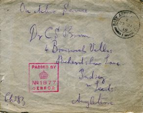 Envelope that contains the following letter from Captain Christopher W. Brown to his brother, Dr. Charles Suffield Brown