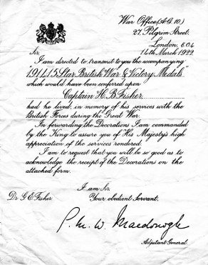Letter accompanying the 1914-15 Star, British War and Victory Medals awarded to Lieutenant Henry Brian Fisher