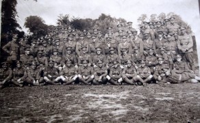 The Officers and NCOs of 10th (Service) Battalion The Duke of Wellington's (West Riding Regiment), at Berthen, after the Battle of Messines, June, 1917. (From the collection of Captain Richard (Dick) Bolton)