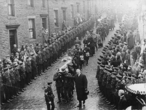 The funeral procession of Private Tom Clarke leaving his home in Byron Street, Skipton