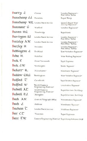 Page from Memorial Books of the Post Office Fellowship of Remembrance: Bebee, H.
