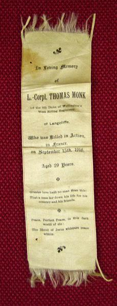 Silk Bookmark in memory of L/Corporal Thomas Monk