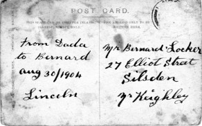 Message on the postcard sent to Bernard Locker from his father, dated 30 August 1904