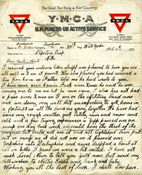 Page 1 of a letter from Private Bernard Locker to his uncle and aunt, dated, 11 February 1915
