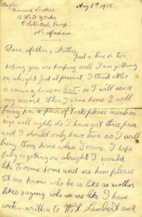Page 1 of a letter from Private Bernard Locker to his mother and father, dated, 5 August 1915