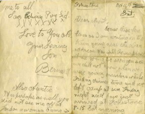 First and last pages of a letter from Private Bernard Locker to his mother and father, dated, 14 October 1916