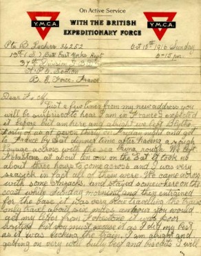 Page 1 of a letter from Private Bernard Locker to his mother and father, dated, 15 October 1916