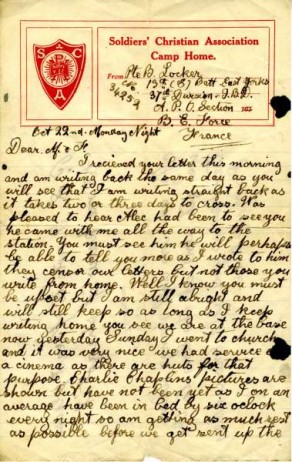 Page 1 of a letter from Private Bernard Locker to his mother and father, dated, 22 October 1916