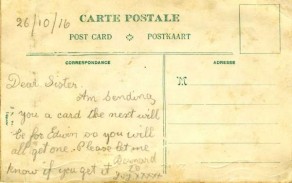 Message on postcard sent from Private Bernard Locker to his sister Ivy, dated 26 October 1916