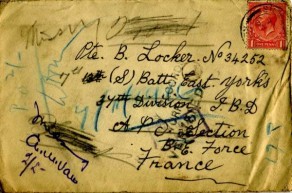 Envelope of a returned letter sent to Private Bernard Locker from his father, dated, 27 October 1916