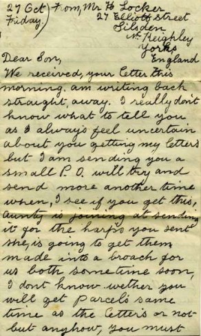 Page 1 of a returned letter sent to Private Bernard Locker from his father, dated, 27 October 1916