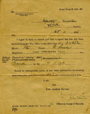 Official Army Records Form sent to the next-of-kin of Private Bernard Locker, dated, 25 November 1916