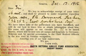 Reply Card sent from Queen Victoria Jubilee Fund Association, Enquiry Branch, dated, 17 December 1916