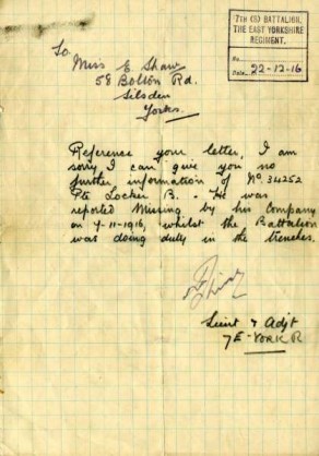 Letter replying to a request from his battalion for information about Private Bernard Locker, dated, 22 December 1916