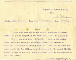 Notification of dependant’s allowance for Private Bernard Locker, dated, 27 April 1917