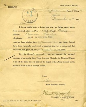 Official Army Records Form sent to the next-of-kin of Private Bernard Locker, dated, 4 December 1917