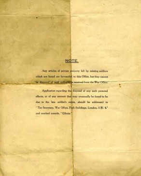Reverse side of Official Army Records Form sent to the next-of-kin of Private Bernard Locker, dated, 4 December 1917