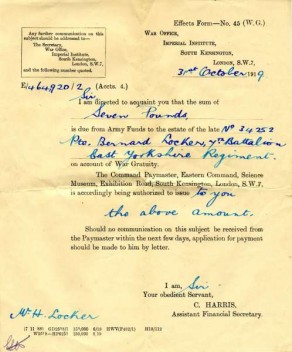 Official Army Records Form sent to the next-of-kin of Private Bernard Locker, dated, 31 October 1919