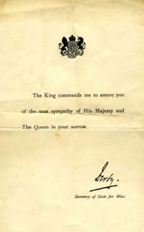 Sympathy Letter from the War Office sent to the next of kin of Private Bernard Locker