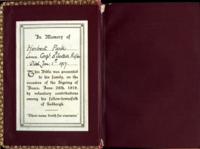 Bible presented to the family of Cpl. Herbert Park by the people of Sedbergh