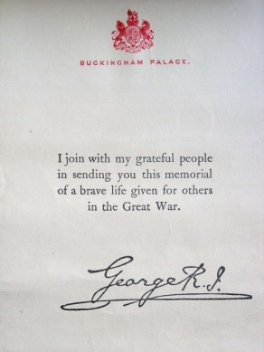 Bestowal document with King's message accompanying the next of kin Memorial Plaque for Sergeant Ernest Nussey