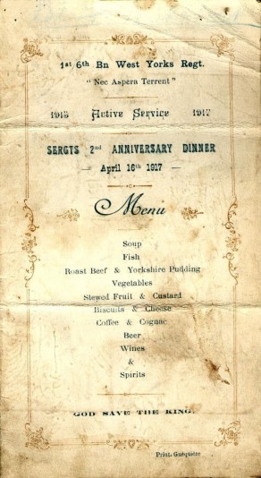 Menu (Sergeants 2nd Anniversary Dinner, 16 April 1917)