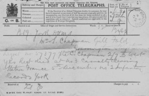 Telegram notifying Mrs Chapman of the death of her husband Private Christopher Chapman