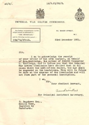 Letter from the Imperial War Graves Commission
