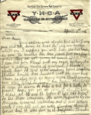 Page 1 of letter from John to his Sister Annie, 1 April 1916