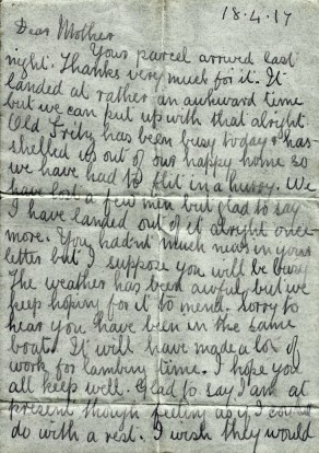 Page 1 of letter from John to his mother, 18 April 1917