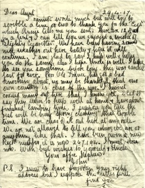 Letter from John to his Aunt Alice (Alice Jane Marsden), 29 April 1917