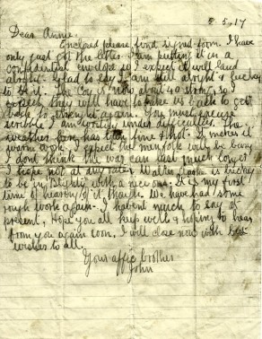 Letter from John to his Sister Annie, 5 May 1917