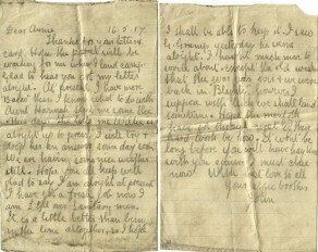 Pages 1 and 2 of letter from John to his Sister Annie, 16 May 1917